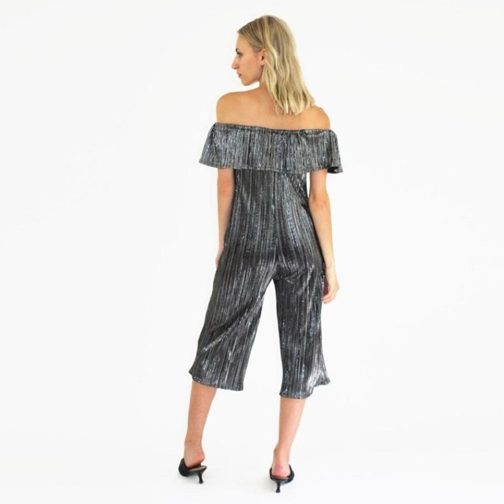 Metalic Silver Pleated Ruffle Jumpsuit - Picture 2 of 8